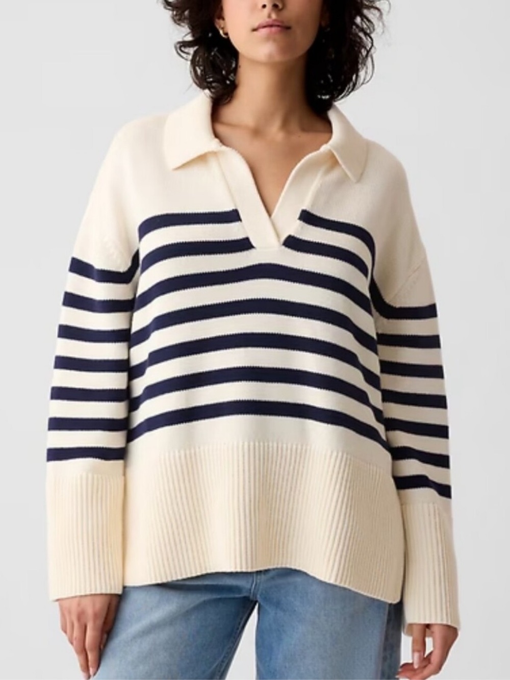 Cream and Navy Striped Collar Sweater